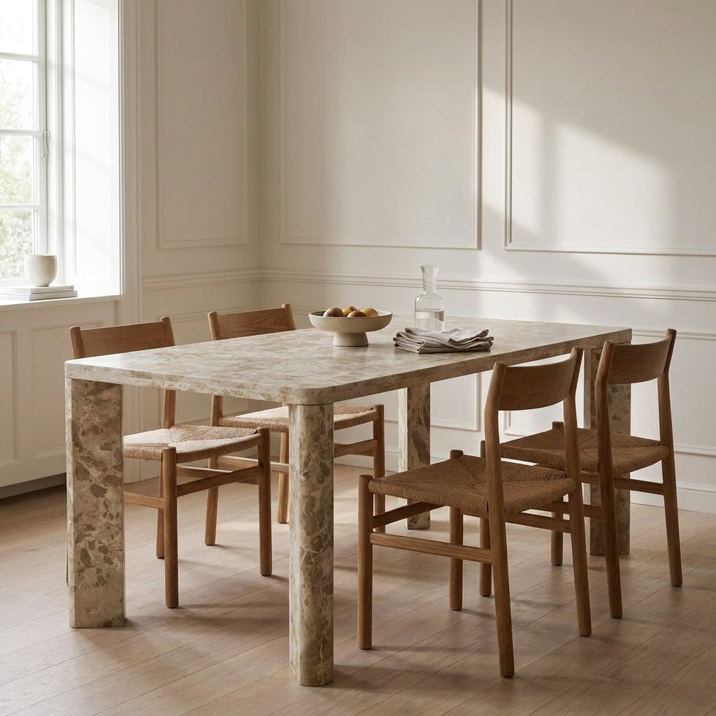 A rectangular dining table with a light beige marble top and matching marble legs, surrounded by four wooden chairs in a bright, elegant room with white walls and a window.