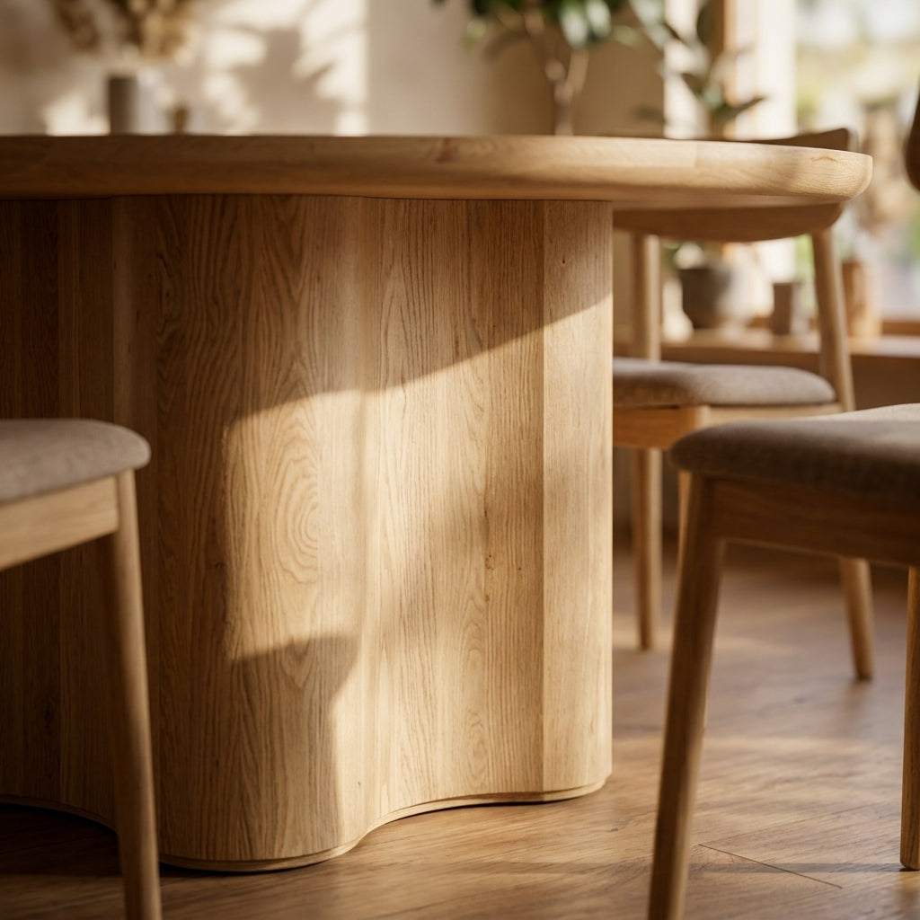 A close-up of a light natural wood dining table base with a wavy, flared pedestal design, shown in a sunlit dining room with matching wooden chairs and a wood floor.