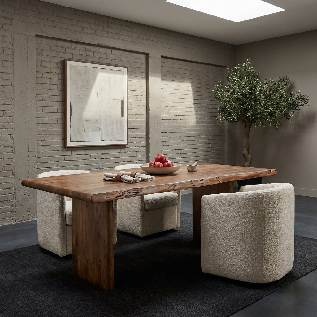 A rustic live-edge wooden dining table with thick block legs, surrounded by four modern boucle upholstered dining chairs in a neutral-toned dining room.