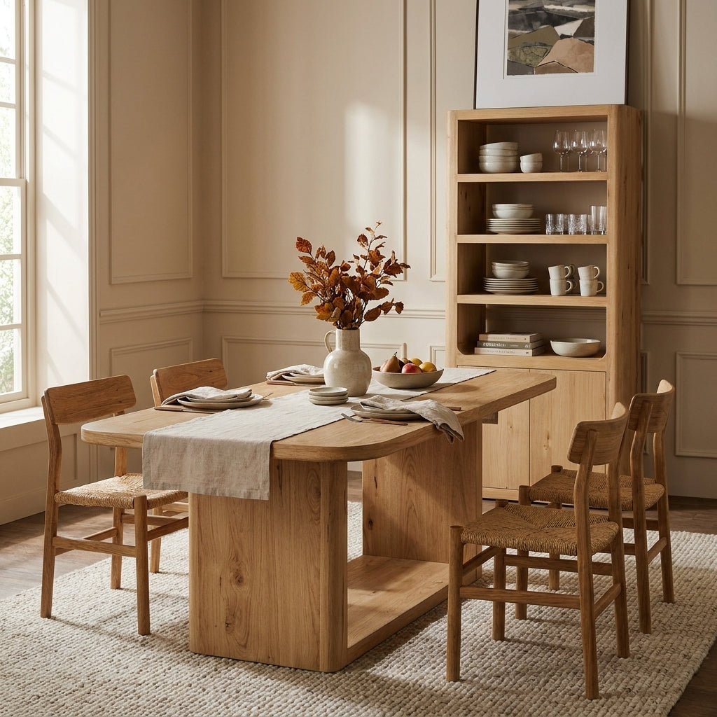 A warm-toned dining room scene featuring a light natural wood rectangular table with four matching woven-seat chairs, set on a textured rug. A white vase with dried orange foliage and a small fruit bowl sit on the table, which is styled with plates and a beige runner.
