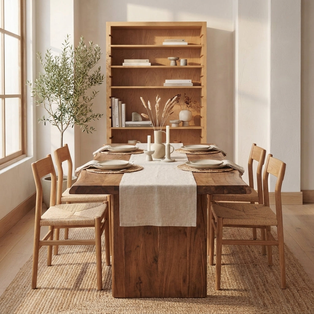 A warm, modern dining room scene featuring a rectangular wooden dining table with a thick pedestal base, surrounded by six matching wooden chairs with woven seats. The table is set with a beige linen runner, plates, and candles, and is placed on a textured jute rug.