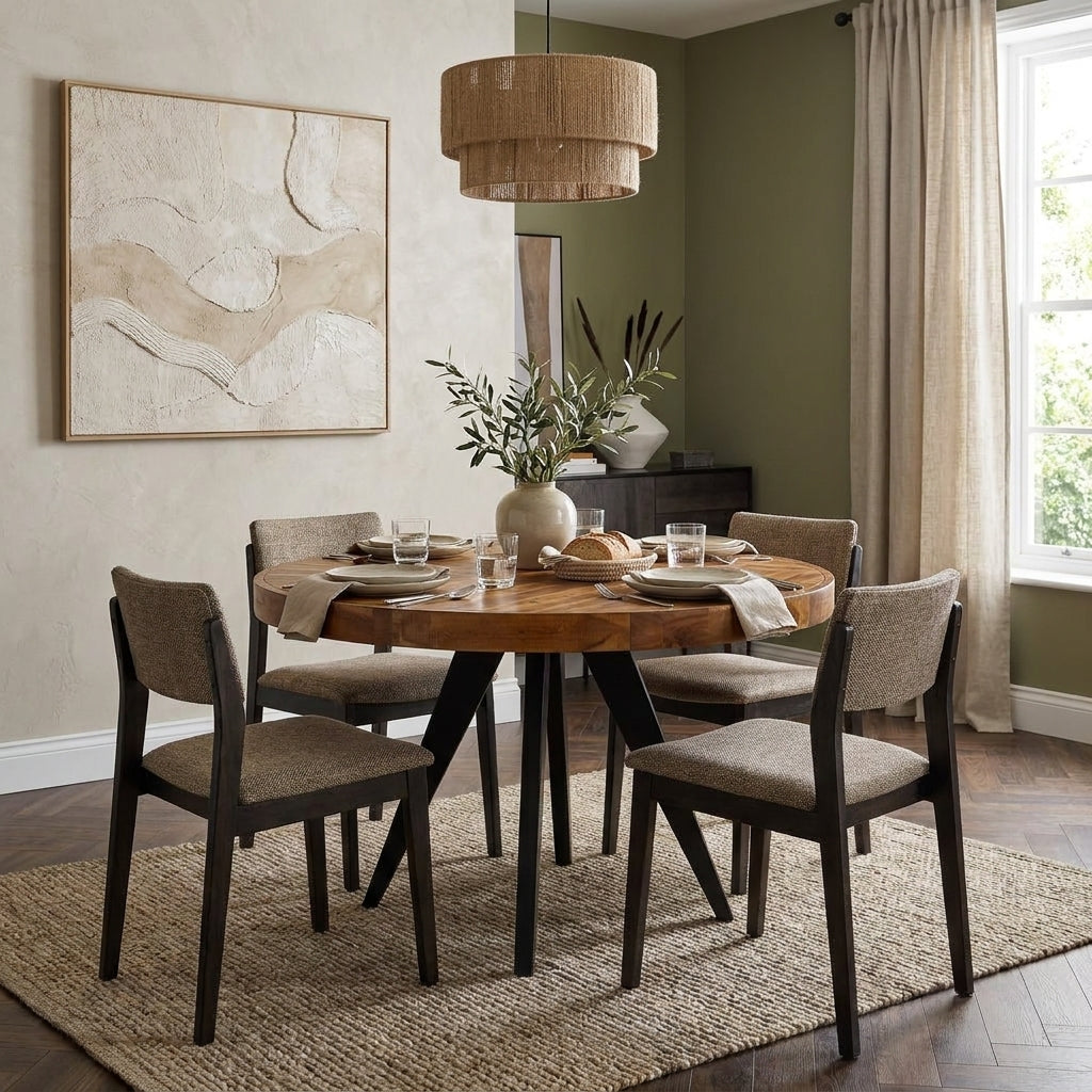 A round wooden dining table with five upholstered chairs in a styled dining room. The room features olive green walls, a beige textured wall with abstract framed art, a woven pendant light, and a large woven area rug.