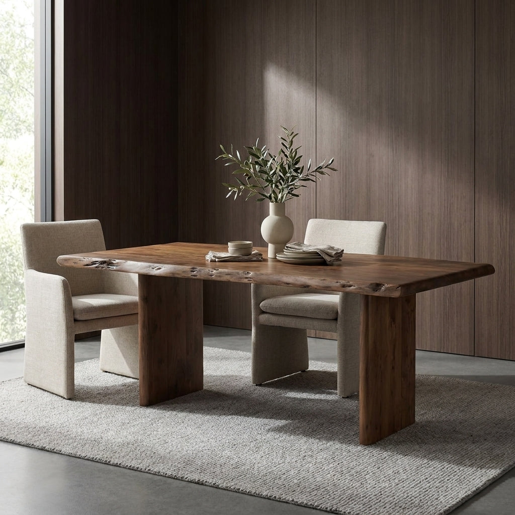 A rustic wooden dining table with thick block legs and two upholstered dining chairs in a modern dining room setting with dark wood paneled walls.