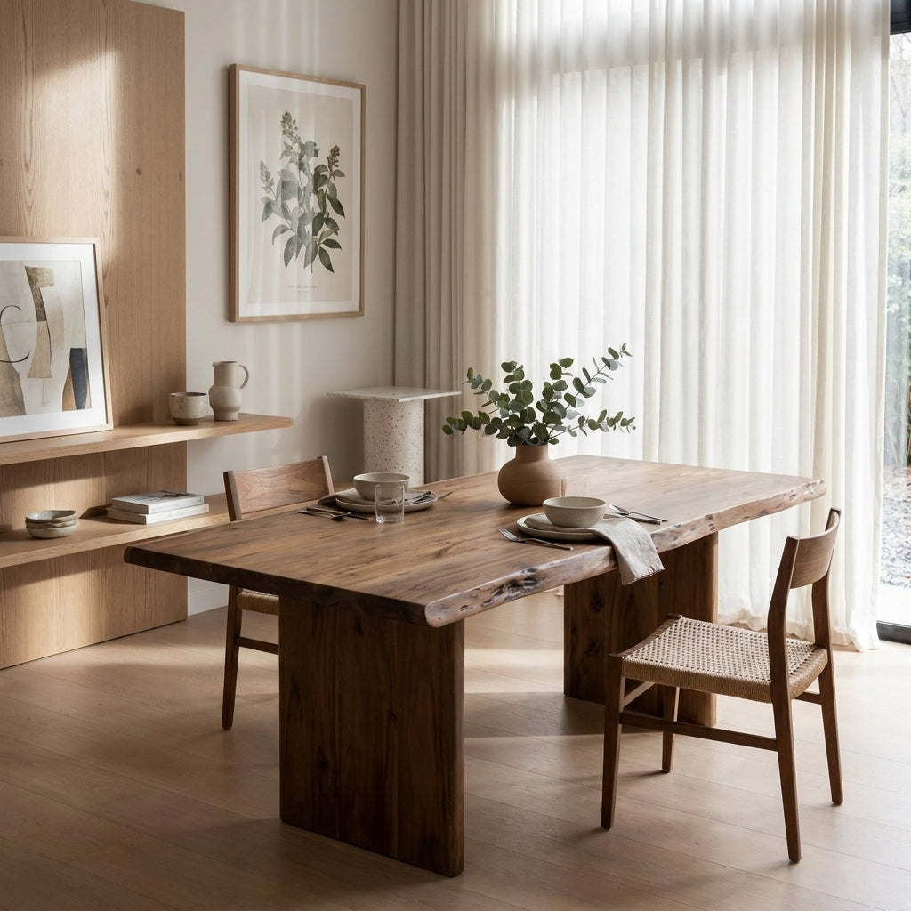A rustic dark wood dining table with live edges in a bright, modern minimalist dining room. The table is styled with a small potted eucalyptus plant, white teacups, and two wooden chairs, one with a woven cane backrest and seat.