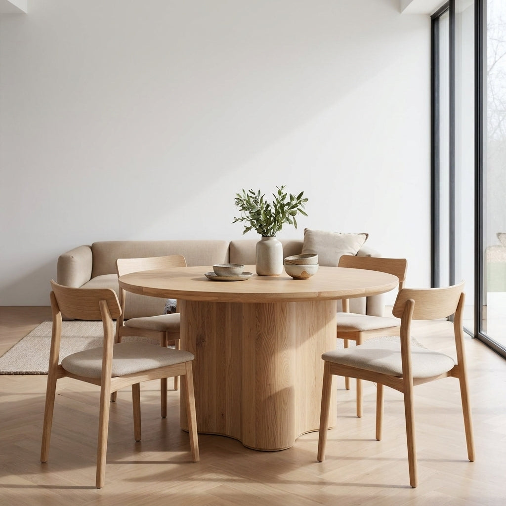 A round wooden dining table with four matching wooden chairs featuring light beige upholstered seats, styled in a bright, modern minimalist dining room with a beige sofa and large windows.