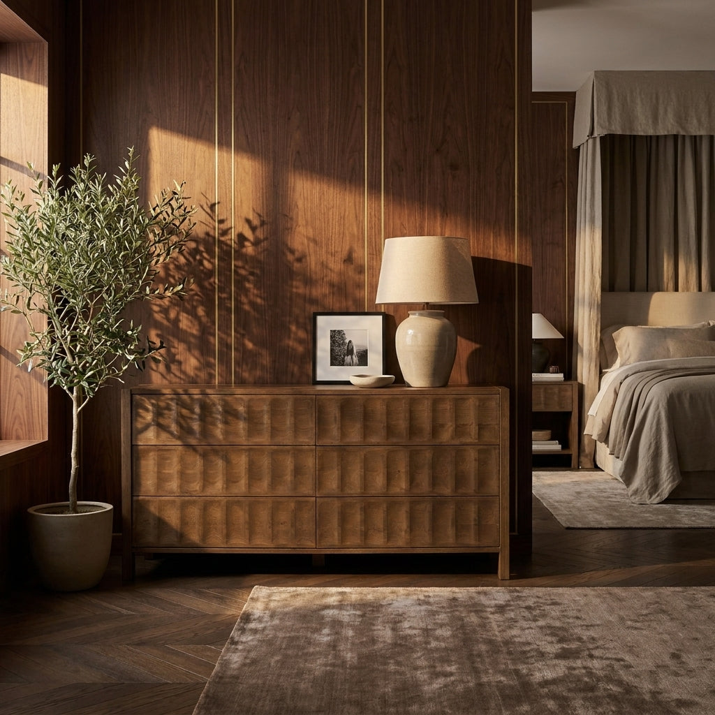 A warm, rustic bedroom scene featuring a wooden chest of drawers with a quilted front, styled with a table lamp, a framed print, and a potted olive tree in front of a wood-paneled wall.