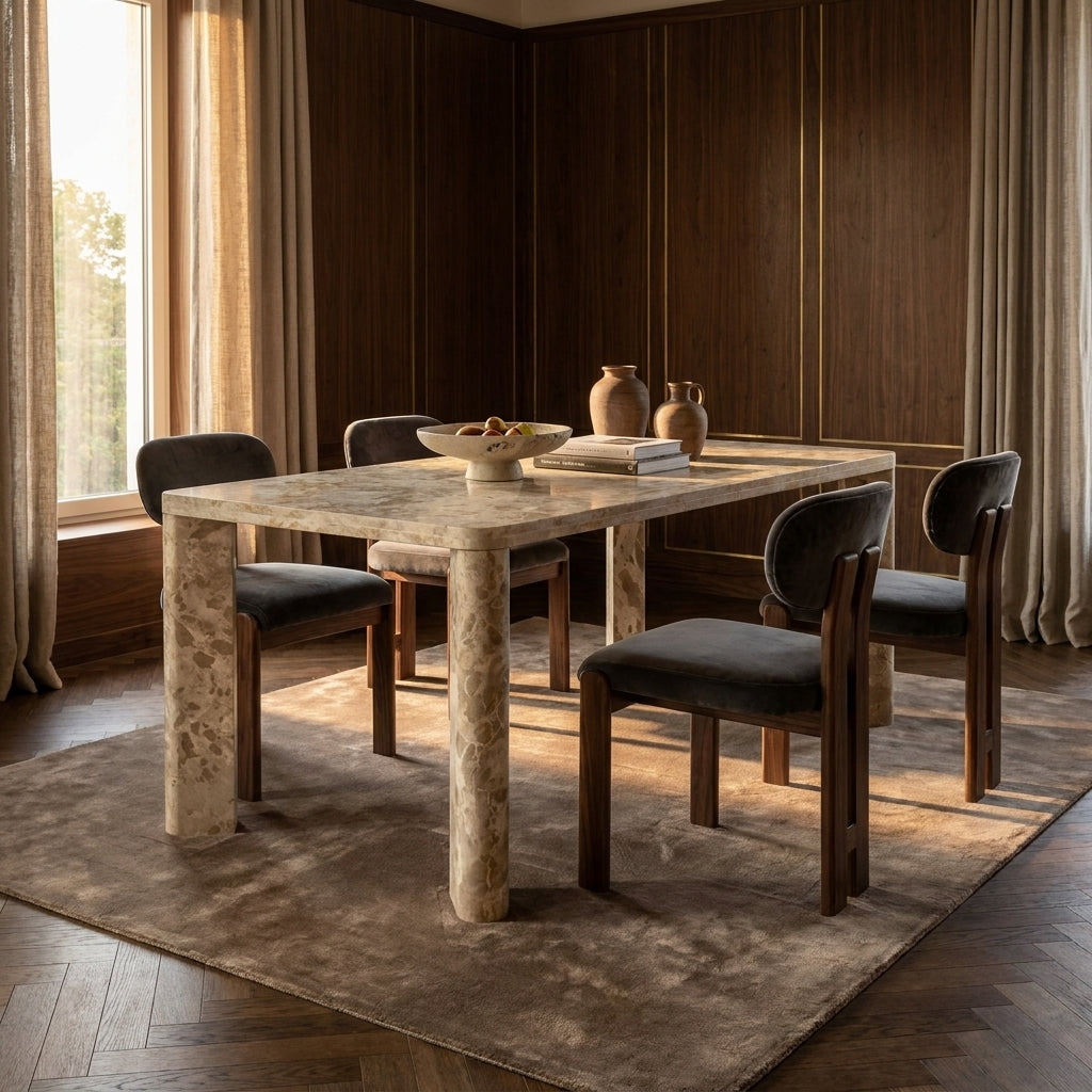 A dining table with a polished beige marble top and matching marble legs, surrounded by four dark wood dining chairs with black upholstered seats, set on a textured brown area rug in a modern dining room with dark wood paneling.