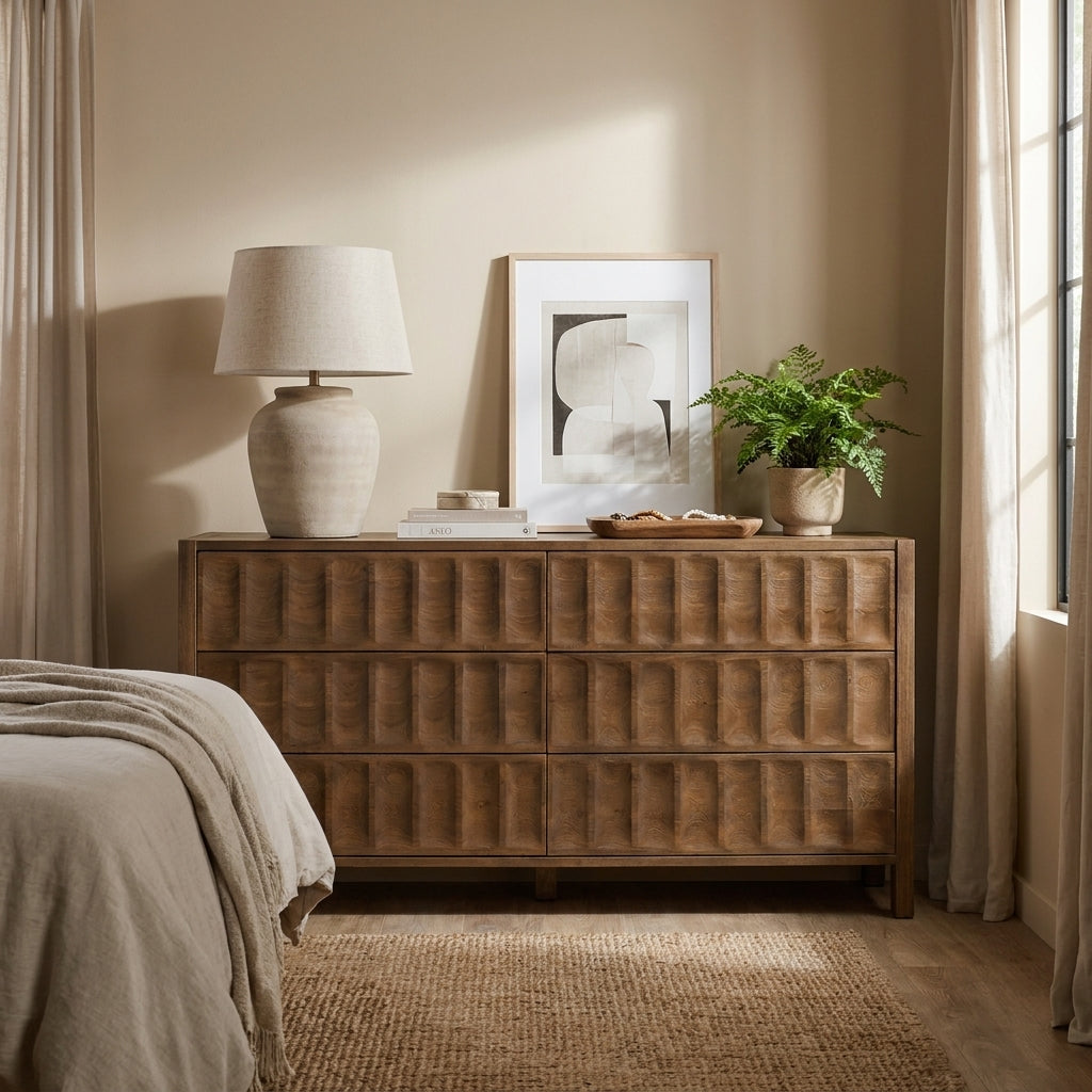 A light natural wood dresser with six drawers and decorative drawer pulls, styled in a warm, neutral-toned bedroom next to a bed and window with sheer curtains.