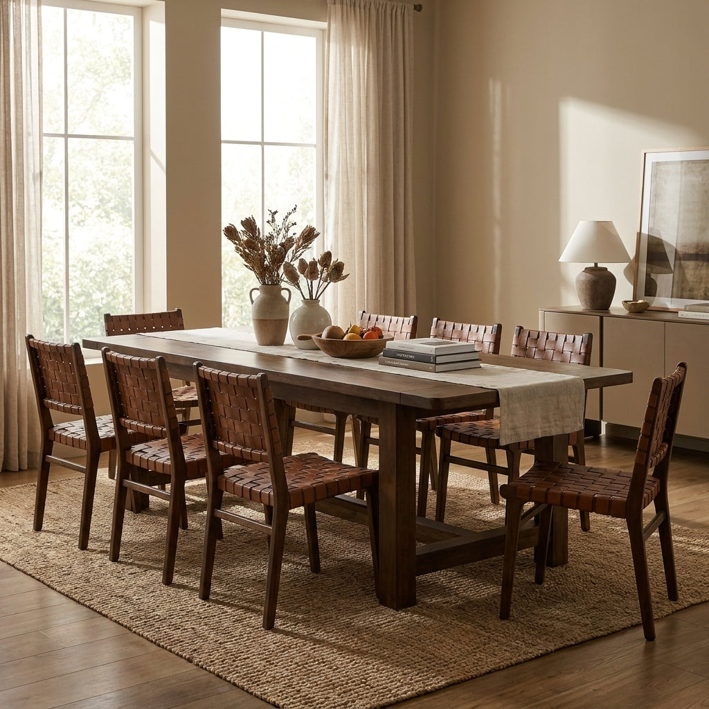 A mid-century modern dining room set featuring a light oak wood table with a rounded top and pedestal base, surrounded by six matching upholstered dining chairs with dark green fabric and carved wooden arms. The set is styled in a warm, sunlit room with a textured gold wall, sheer curtains, and a gray rug.