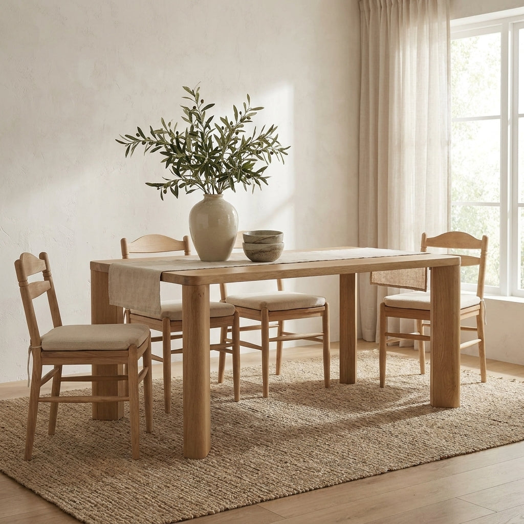 A light oak dining table with four matching wooden chairs with cream upholstered seats, styled in a bright, neutral-toned dining room on a woven jute rug with a large ceramic vase of greenery on top.