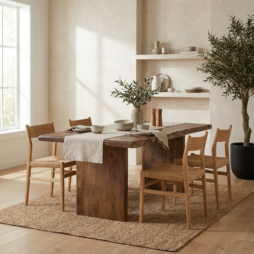 A rustic wooden dining table with four matching wooden chairs in a warm, sunlit room. The table has a thick, live-edge wood top and a solid block base, while the chairs have woven cane seats.