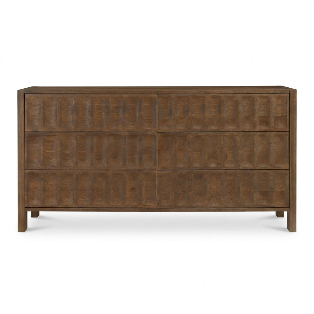 A rustic brown wooden dresser with six drawers featuring a textured, vertically grooved front design, shown against a plain white background.