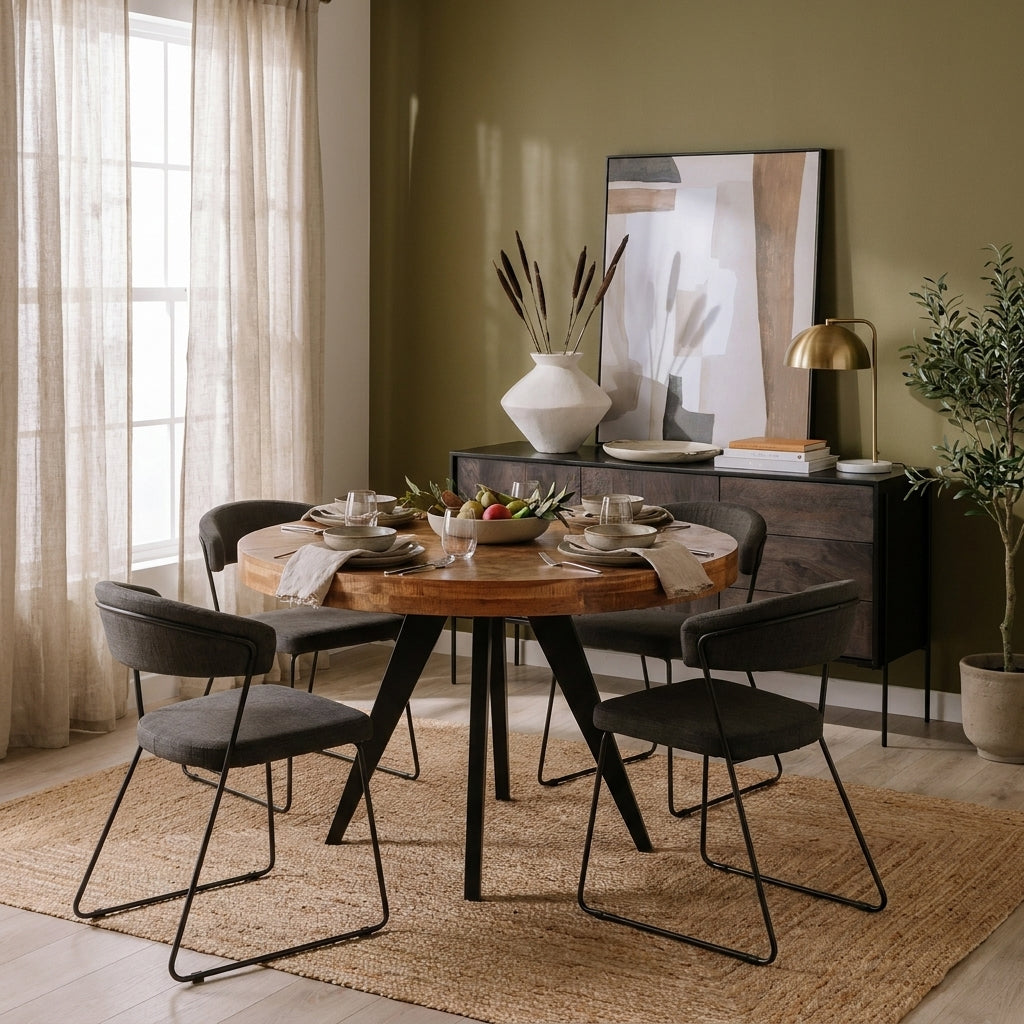 A round wooden dining table with black metal legs and four dark gray upholstered chairs, styled in a modern dining room with olive green walls, a jute rug, and a sideboard in the background.