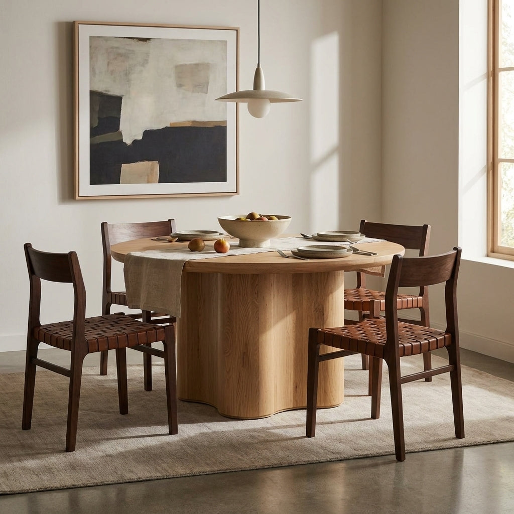 A round light oak dining table with a wavy pedestal base, surrounded by four dark wood chairs with woven seats, set in a bright dining room with a beige rug and a large abstract painting on the wall.