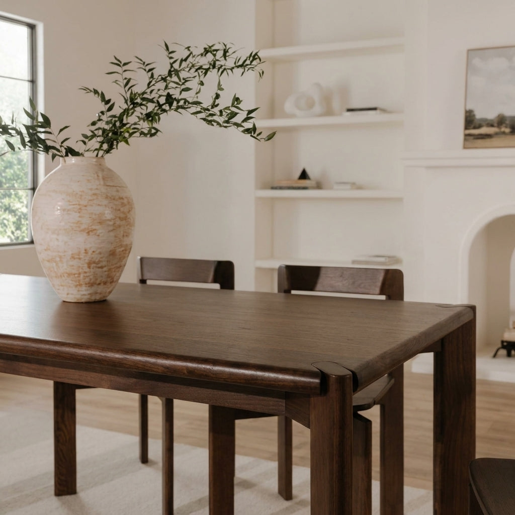 A dark brown wooden dining table in a bright, modern dining room, styled with a textured beige ceramic vase holding green branches and two matching dark wood chairs.
