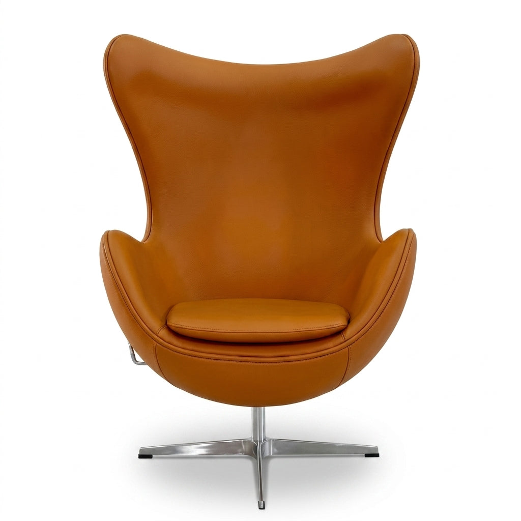 Brown egg-shaped chair with a metal base on a white background
