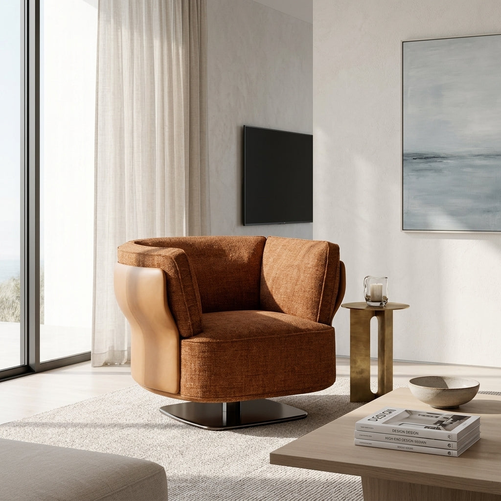Modern living room with a brown armchair, coffee table, and wall art.