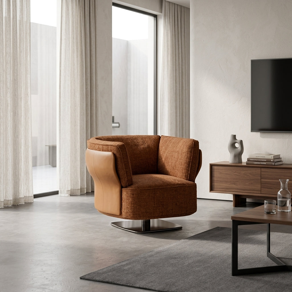 Modern living room with a brown armchair, coffee table, and TV.