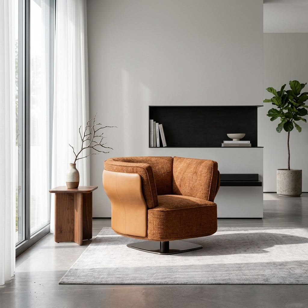 Modern living room with a brown armchair, wooden side table, and plants.