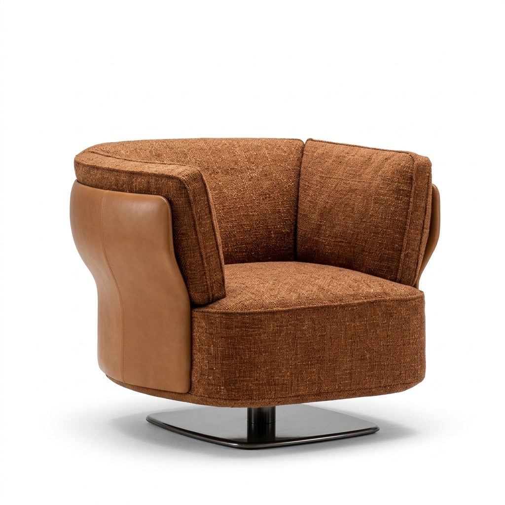 Brown swivel chair with a metal base on a white background
