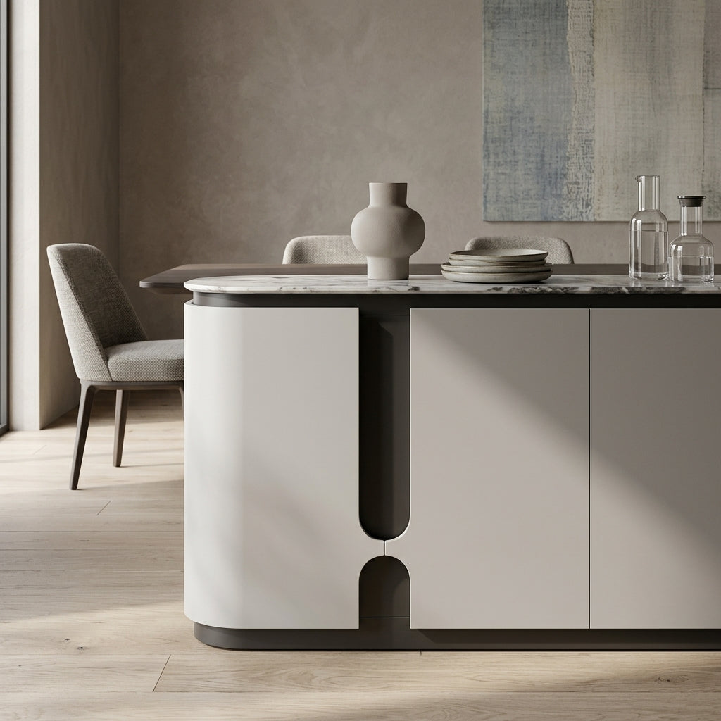 Modern dining table with marble top and white base in a minimalistic room.