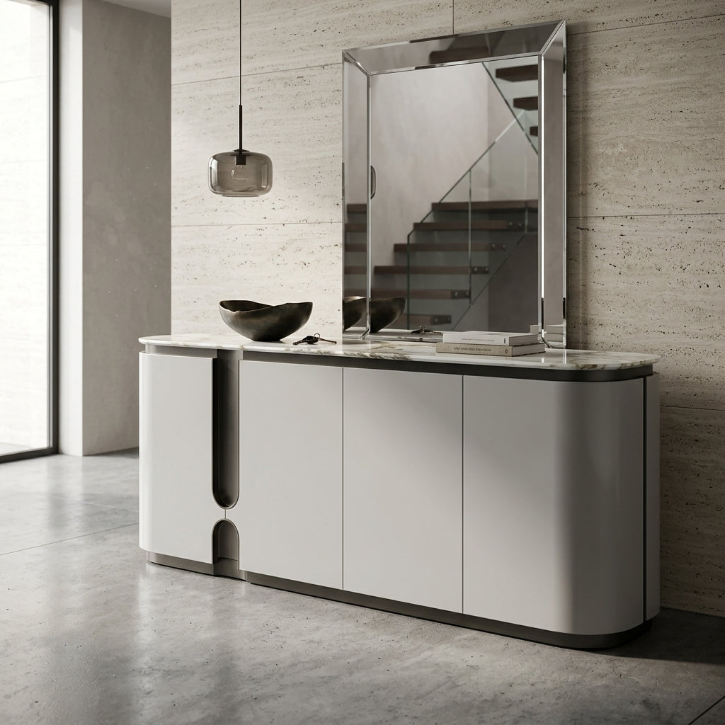Modern white console table with marble top against a textured wall.