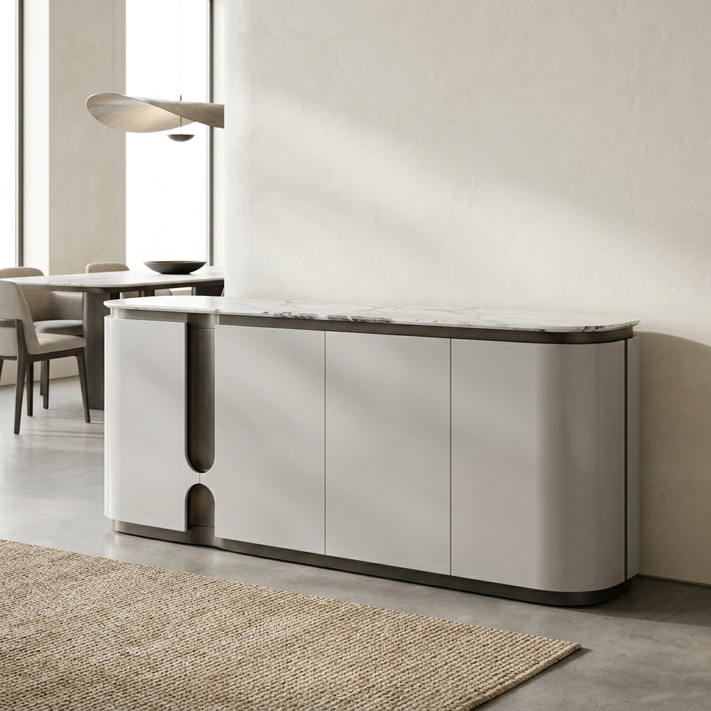 Modern kitchen island with white countertop and gray base in a minimalistic setting.