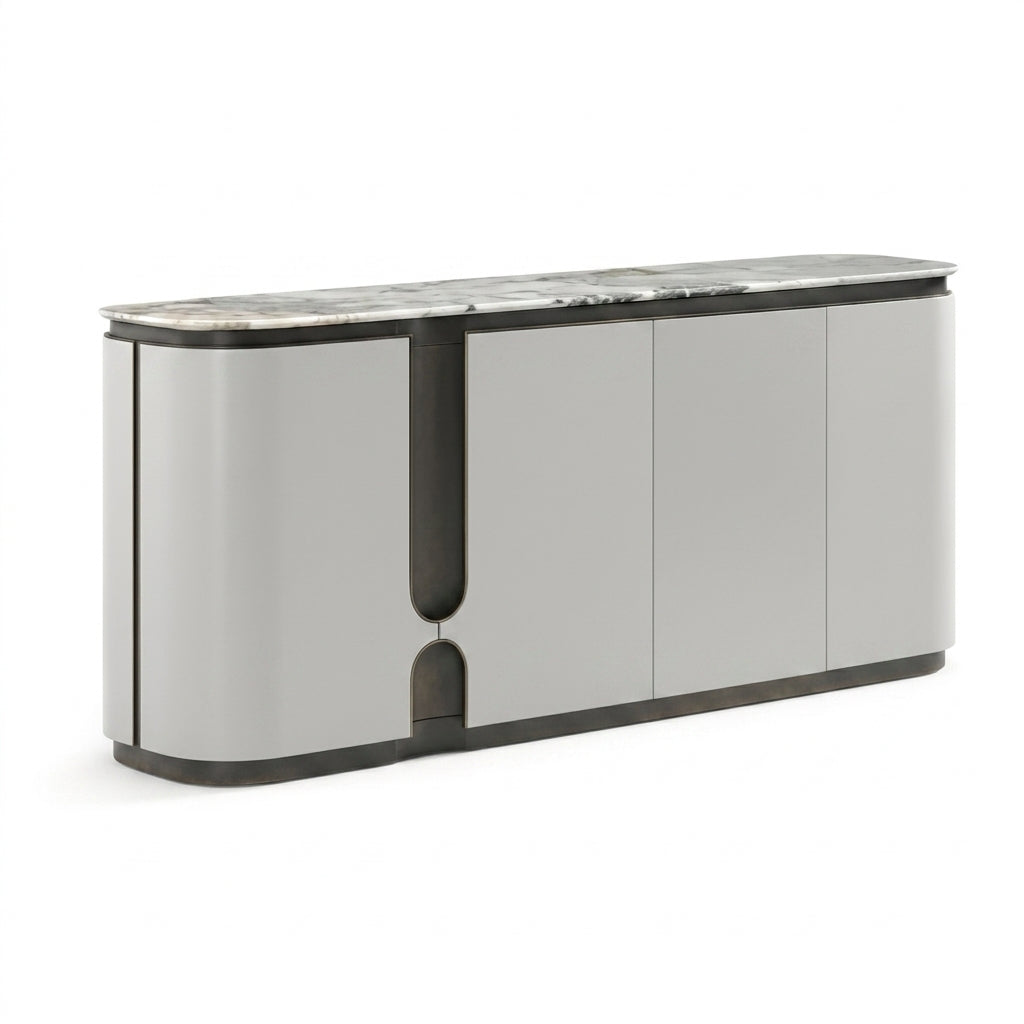 Modern kitchen island with marble countertop on a white background