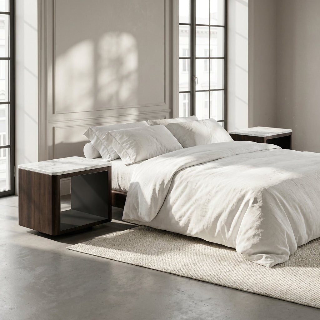 Modern bedroom with a bed and wooden nightstands.