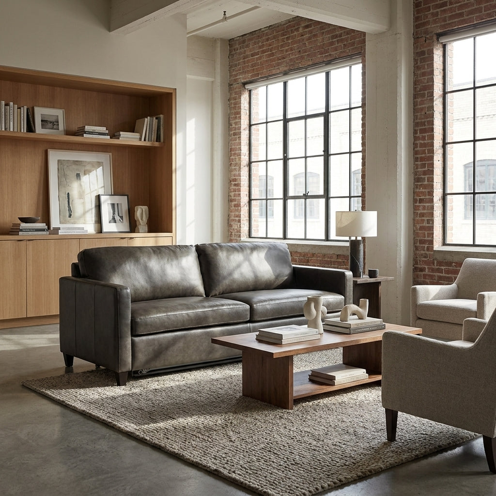 A dark gray leather loveseat sofa in a modern, sunlit living room with brick walls, a wooden coffee table, and a textured area rug.