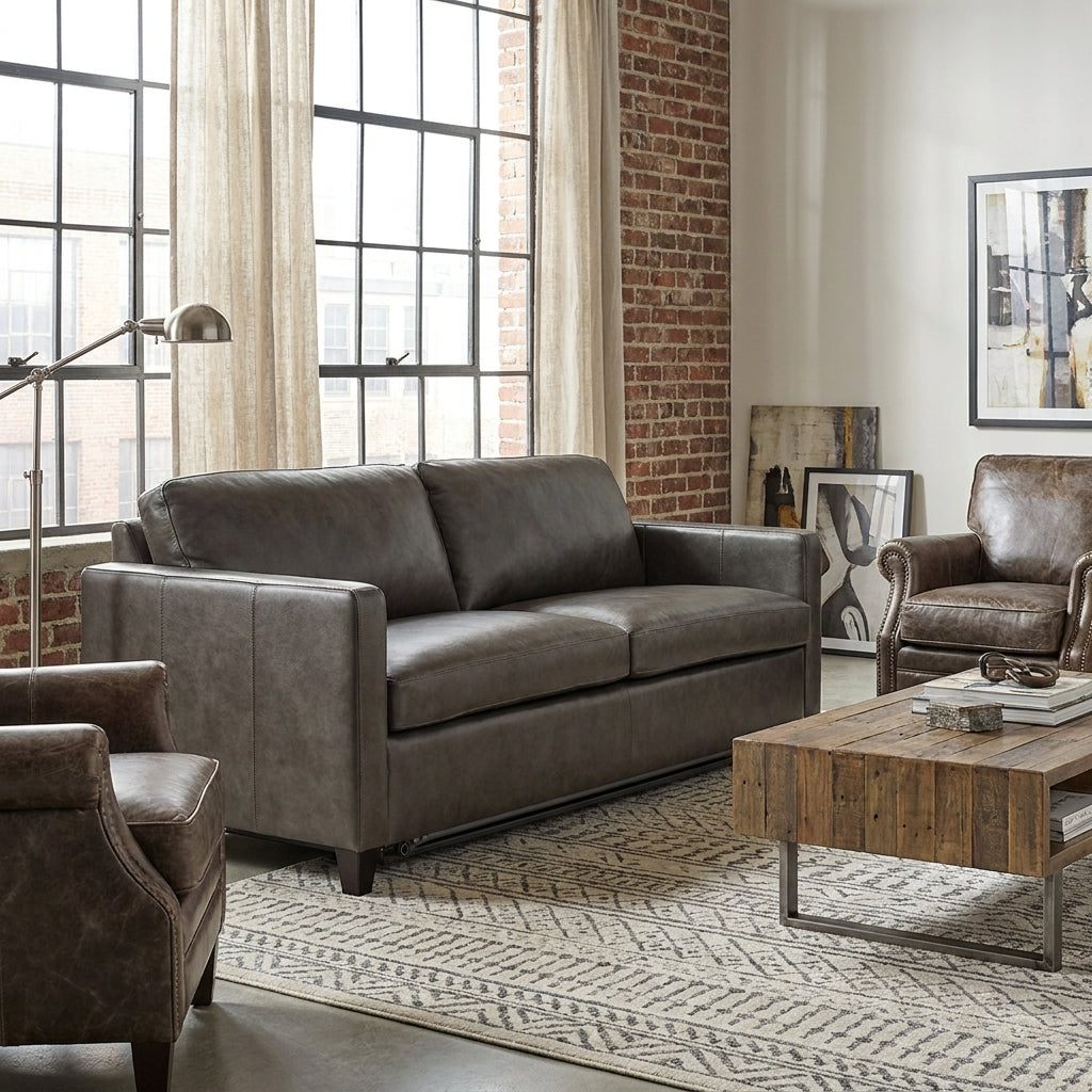 A modern living room set featuring a dark green three-seater sofa, a matching armchair, a wooden coffee table with a metal frame, and two brown leather stools, arranged on a textured beige rug in front of a brick wall.