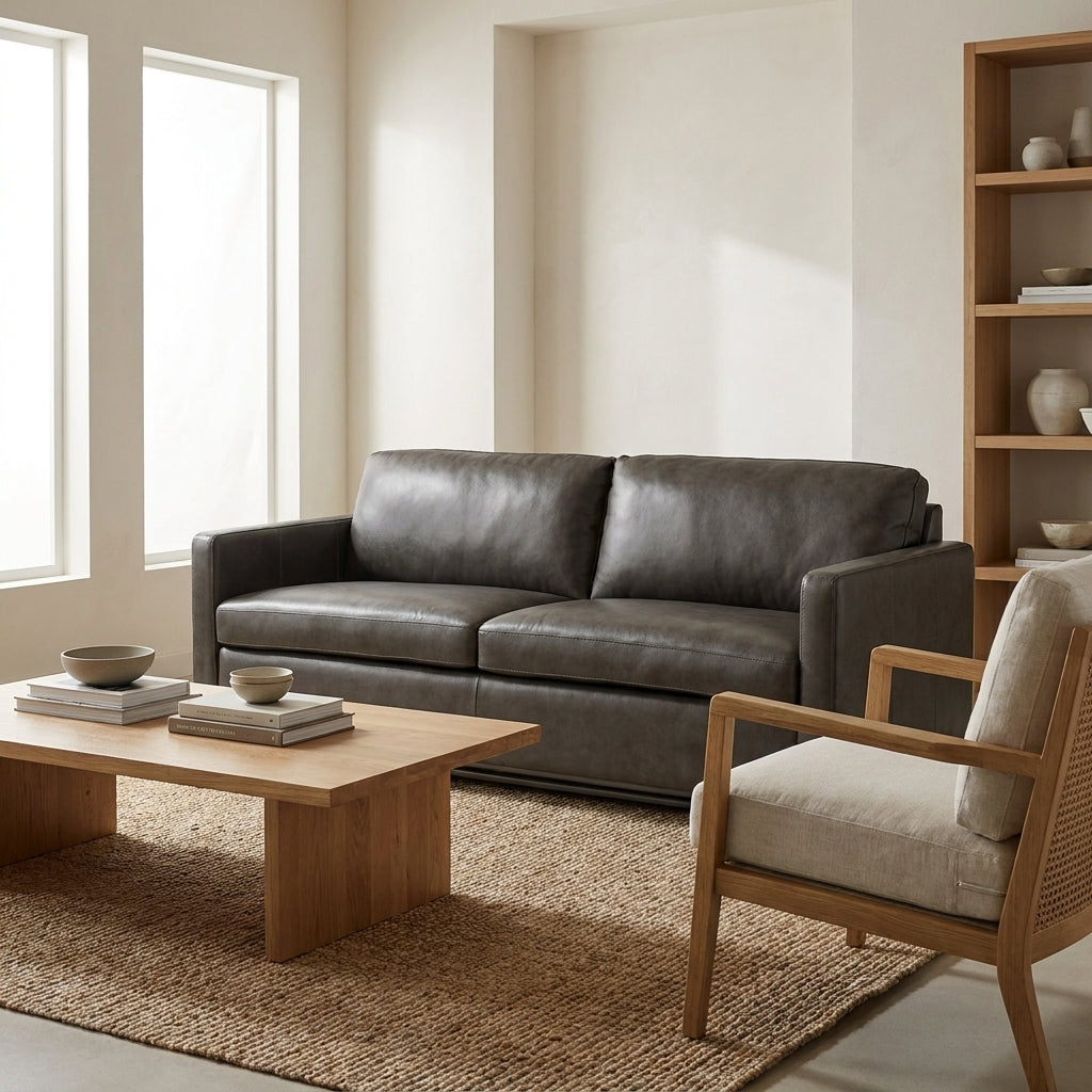 A dark olive green sofa and matching armchair set with dark wood bases, styled in a bright, modern living room with beige curtains, a light wood floor, and a textured beige rug.