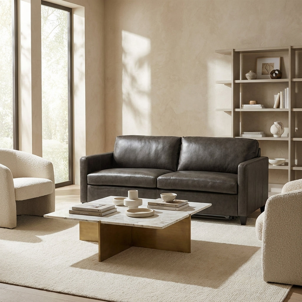 A dark brown leather loveseat sofa in a modern, sunlit living room setting with a marble-top coffee table, neutral armchairs, and a light wood shelving unit in the background.