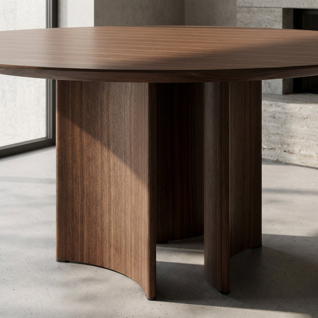 Wooden table with a modern design in a minimalistic setting