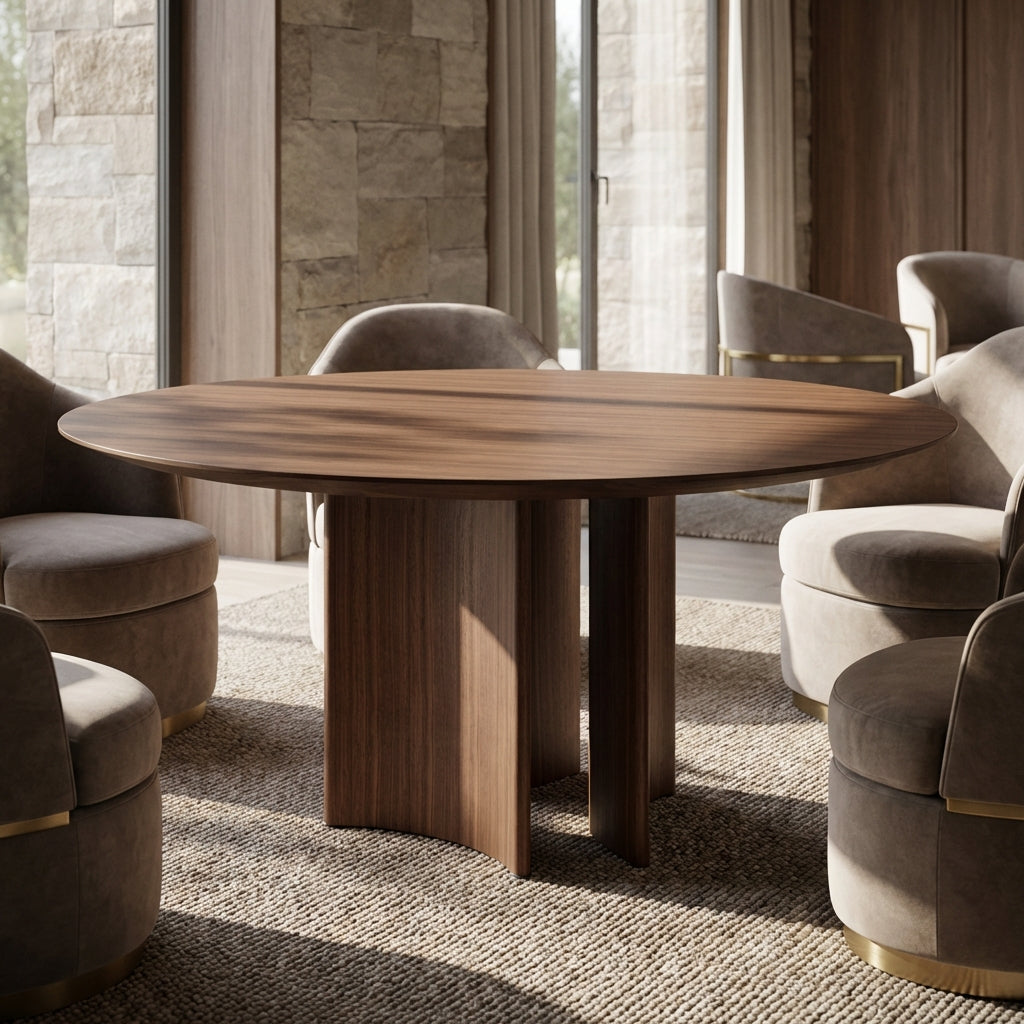 Wooden dining table in a modern living room with neutral decor