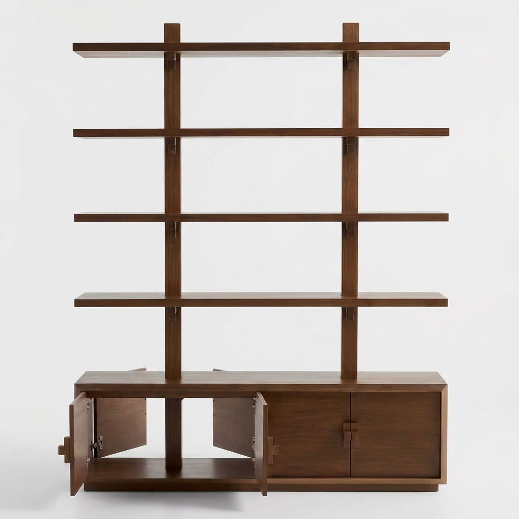 Wooden bookshelf with multiple shelves on a white background