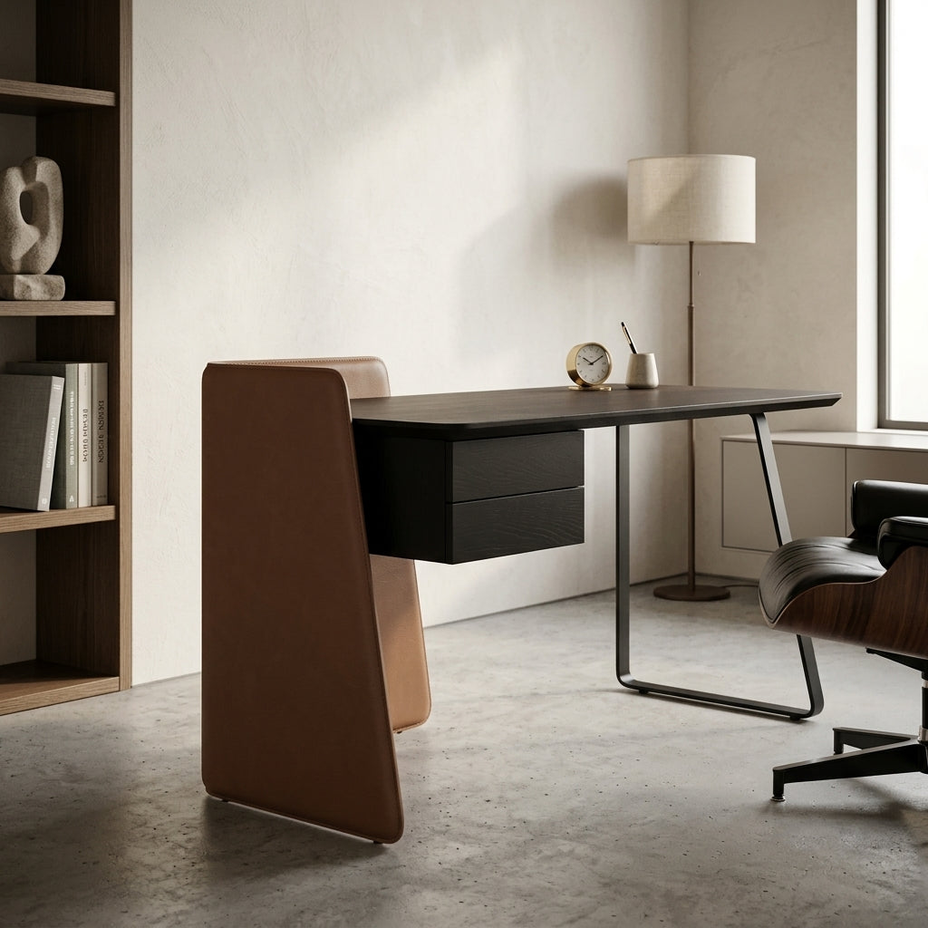 Modern office desk with chair and lamp in a minimalistic room.