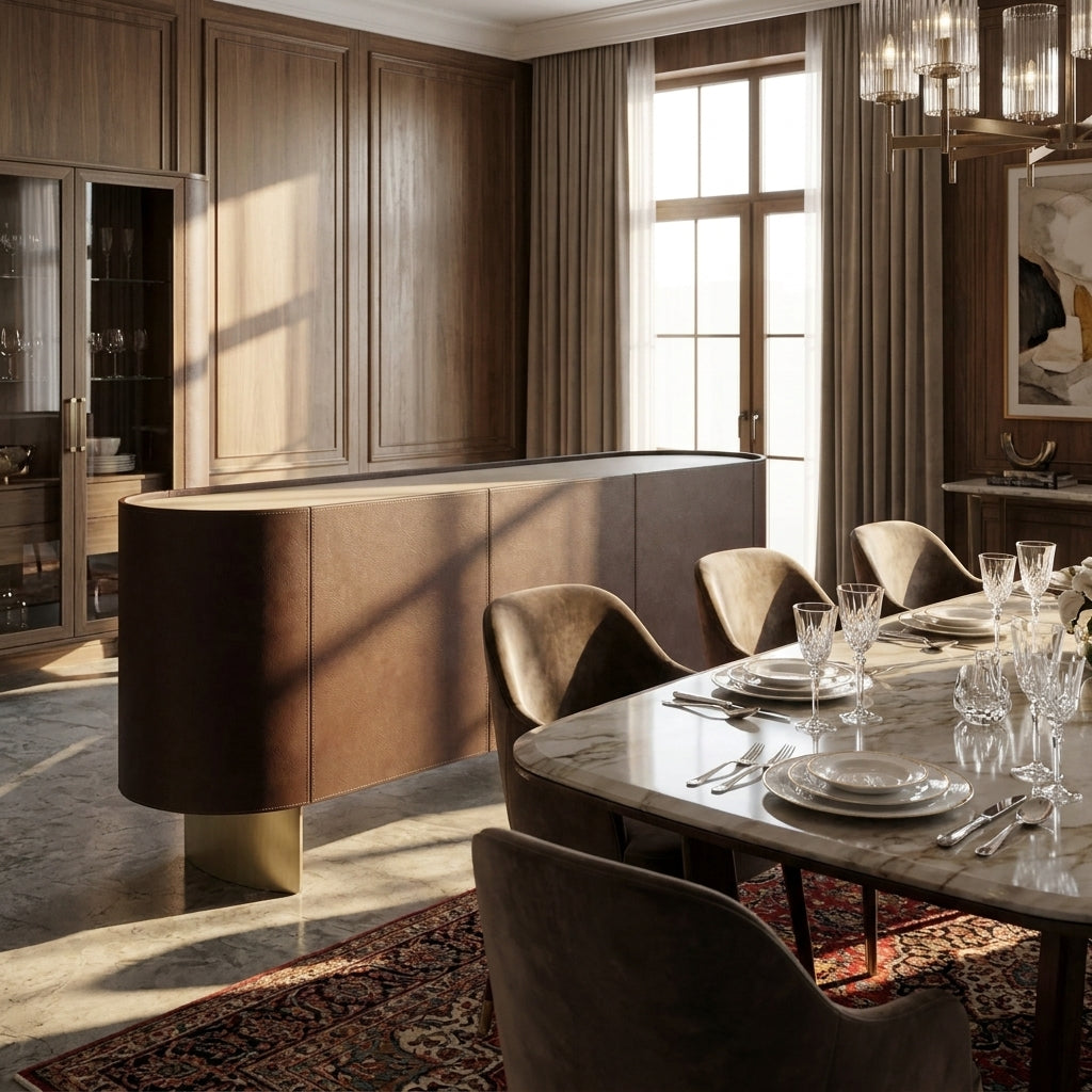 Modern dining room with marble table and wooden chairs in a well-lit room.