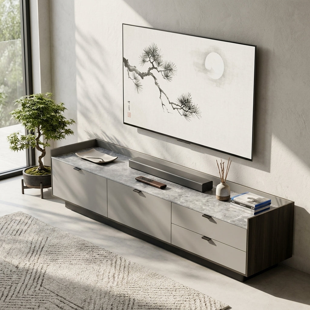 Modern living room with a TV stand, television, and decorative items.