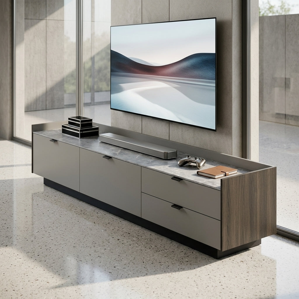 Modern entertainment console with a television and soundbar in a living room setting.