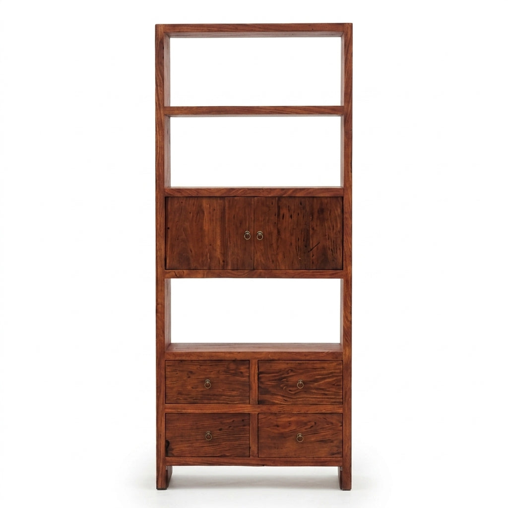Wooden bookshelf with multiple shelves and drawers on a white background
