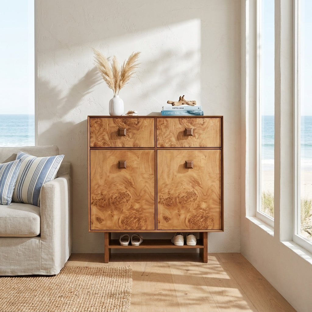 Wooden cabinet in a living room with a view of the ocean