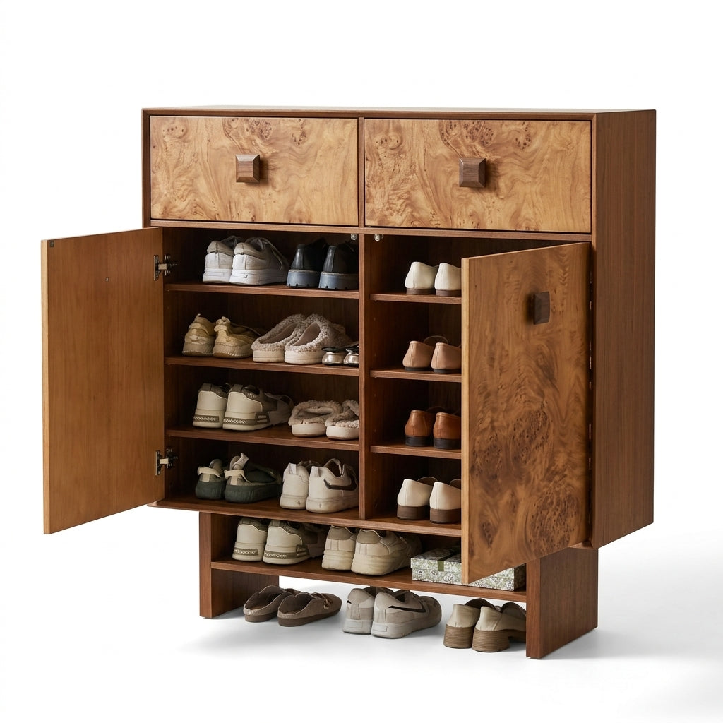 Wooden shoe cabinet with open doors displaying various shoes on a white background