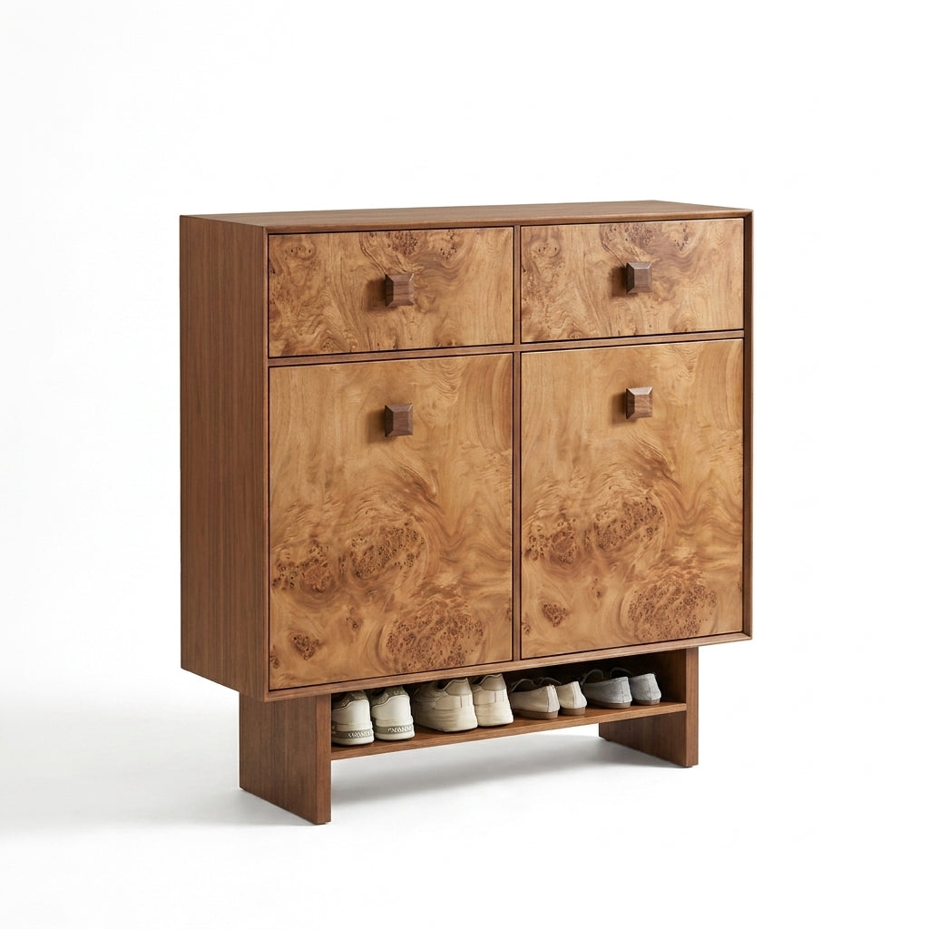 Wooden cabinet with four drawers and a shelf holding shoes on a white background