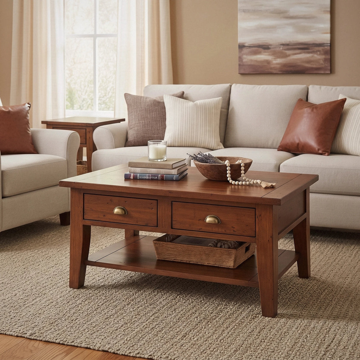 Inglewood Coffee Table with 1 side table, styled in a living room