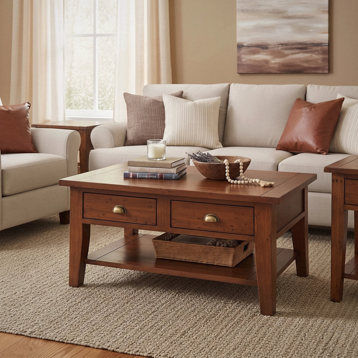 Inglewood Coffee Table with 2 side tables, styled in a living room