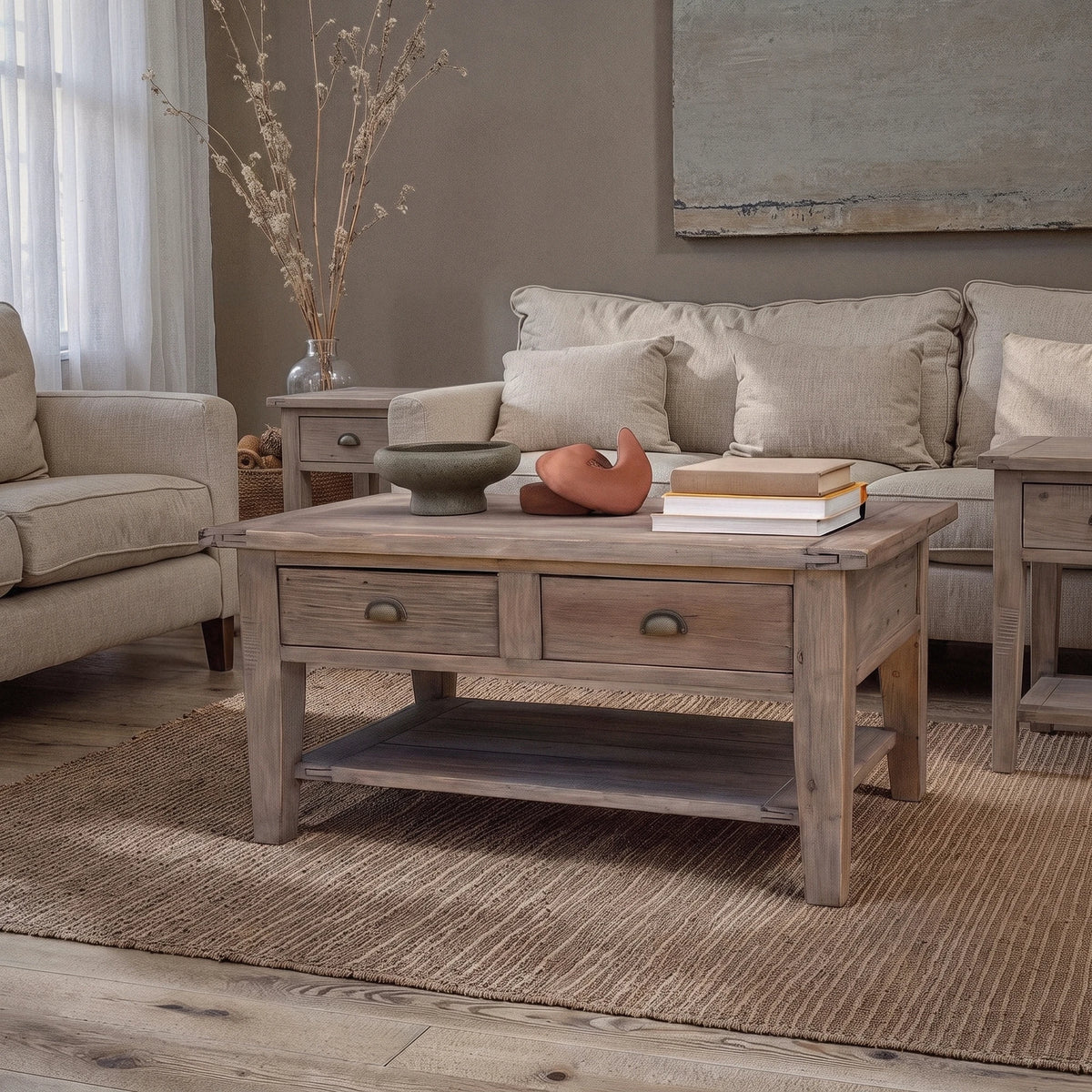 Inglewood Coffee Table with 2 side tables, styled in a living room