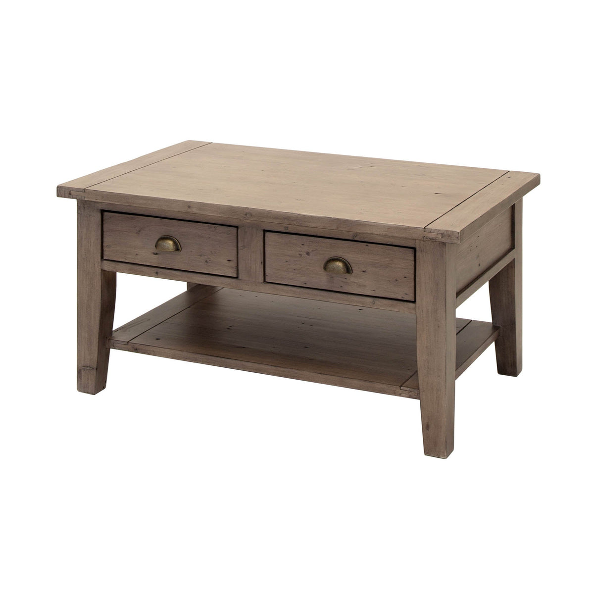 Inglewood Coffee Table in Sundried, front view, reclaimed hardware