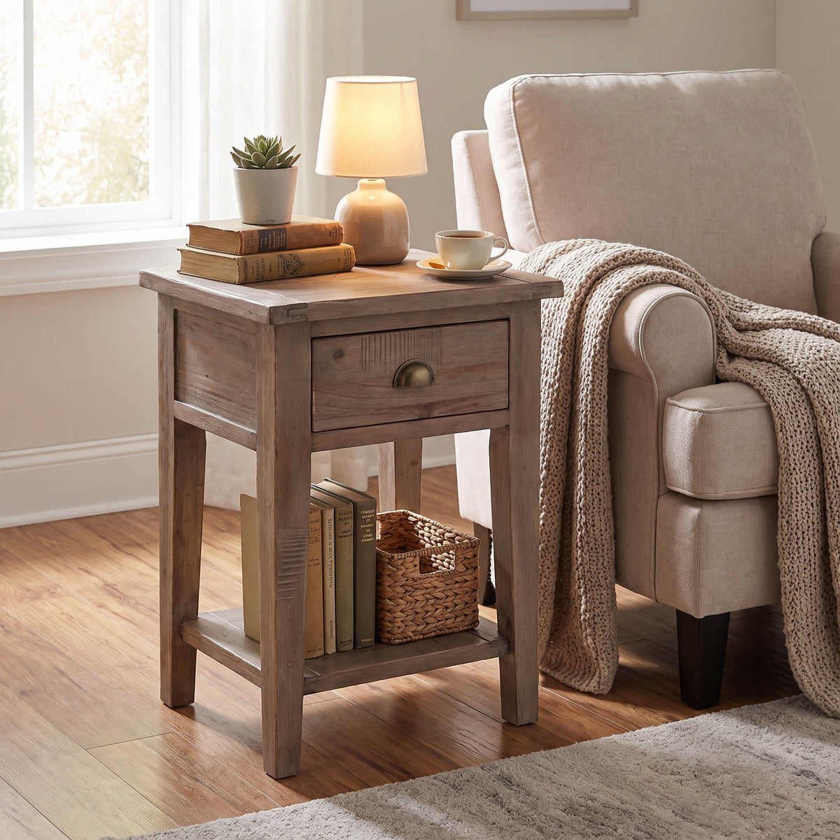 Inglewood Side Table in Sundried, styled in a living room