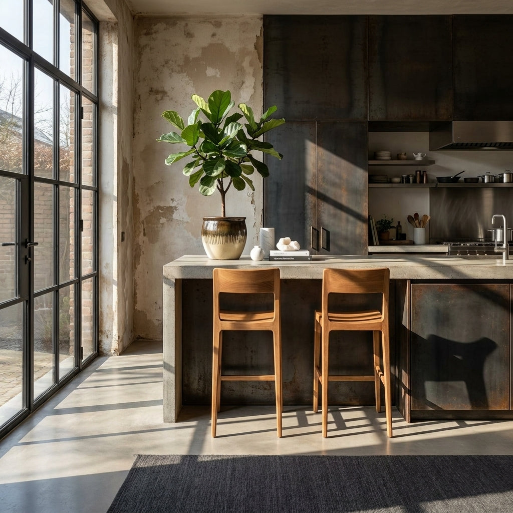 A modern kitchen island with two wooden bar stools in a sunlit industrial loft kitchen. A large potted fiddle-leaf fig plant sits on the counter, with tall black-framed windows casting strong shadows across the space.
